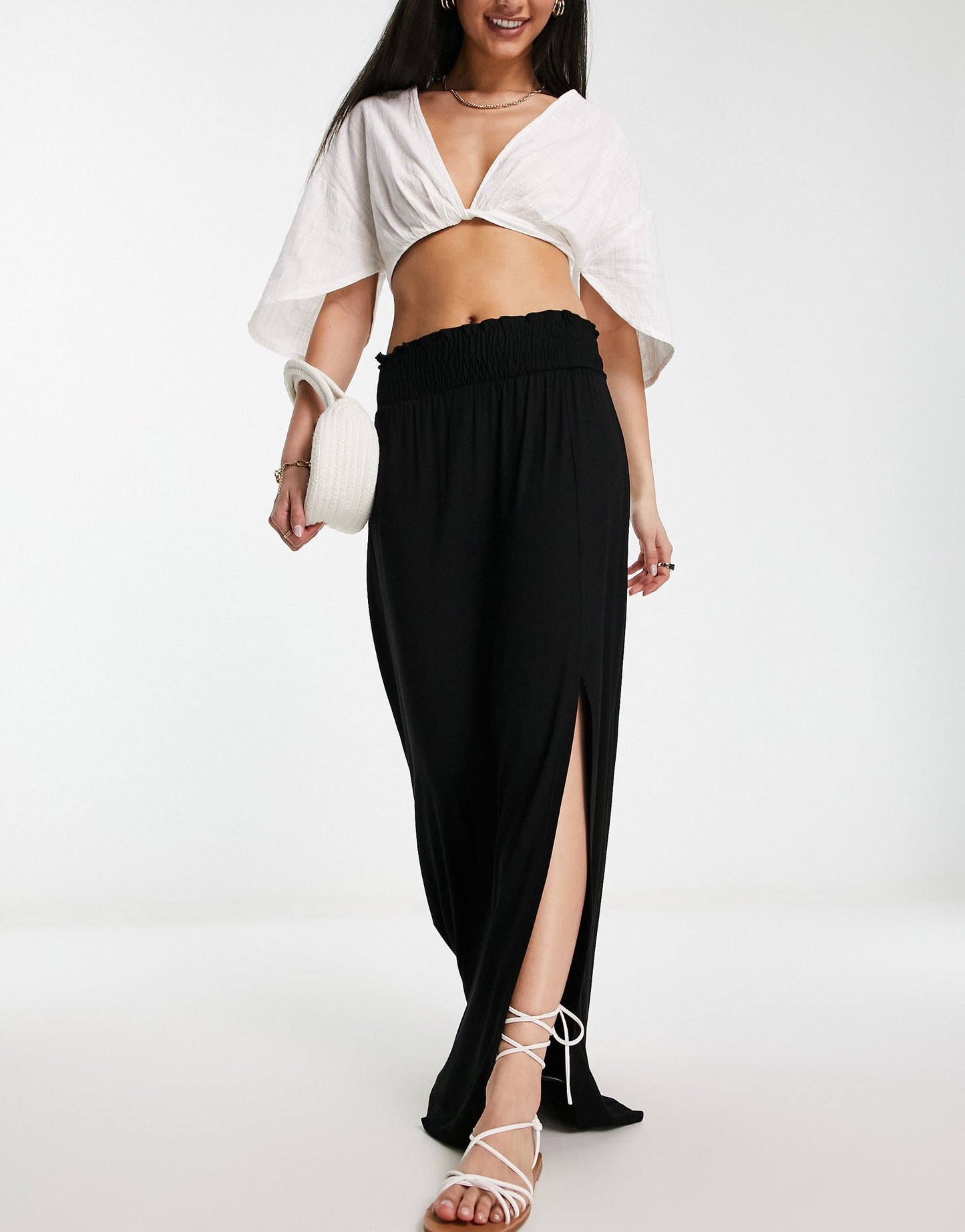 ASOS DESIGN shirred waist split maxi skirt in black