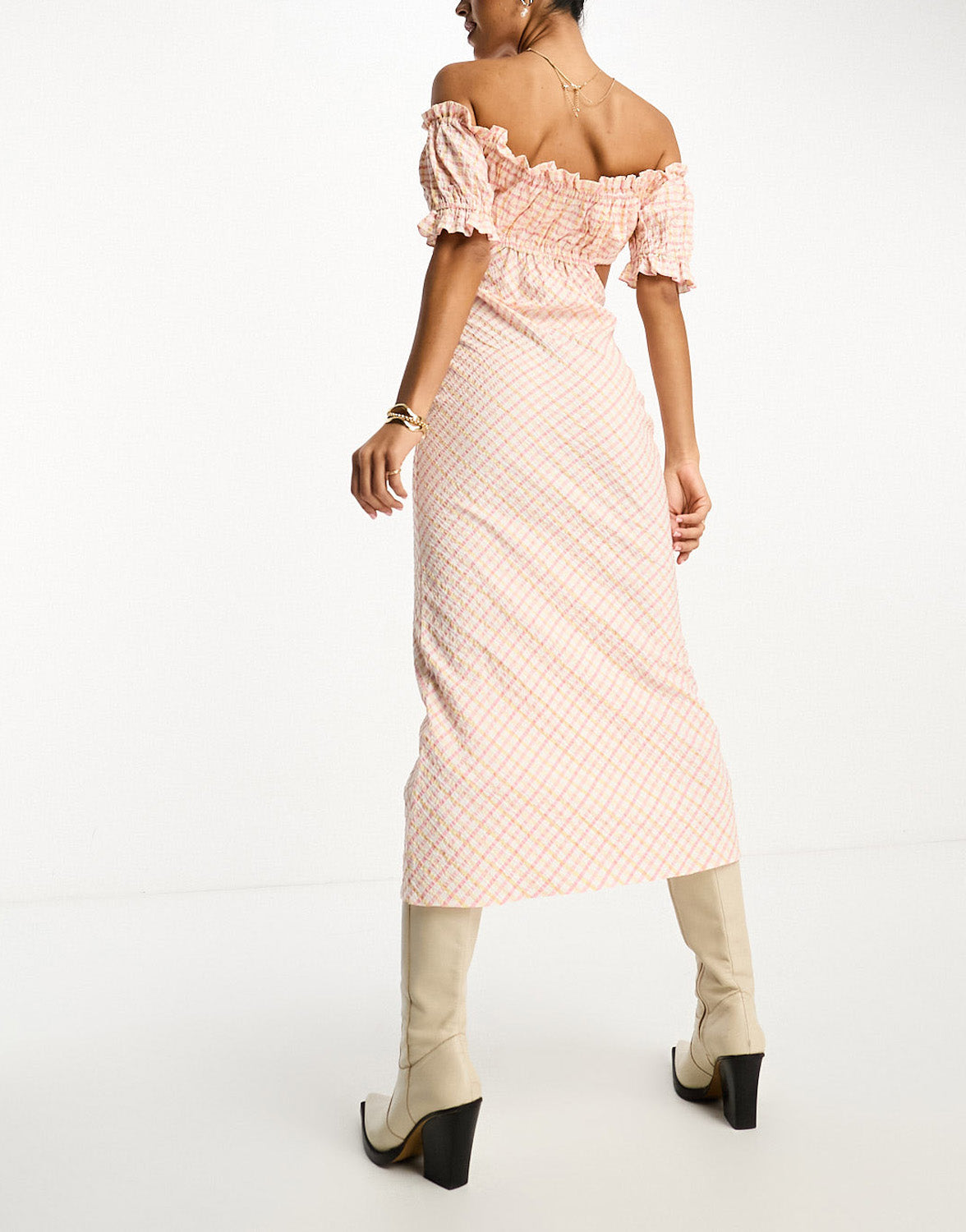 ASOS DESIGN textured bardot midi dress with cut out side in pink and yellow check