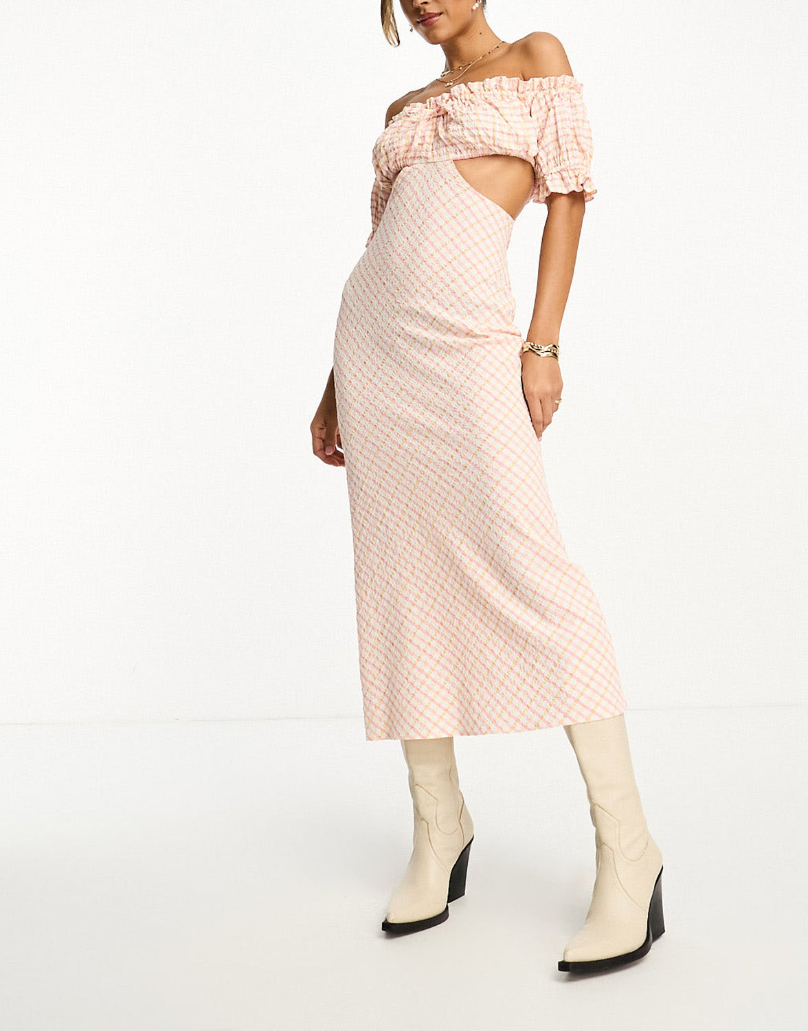 ASOS DESIGN textured bardot midi dress with cut out side in pink and yellow check