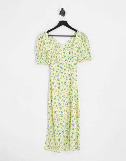 Only open tie back square neck midi dress in yellow floral