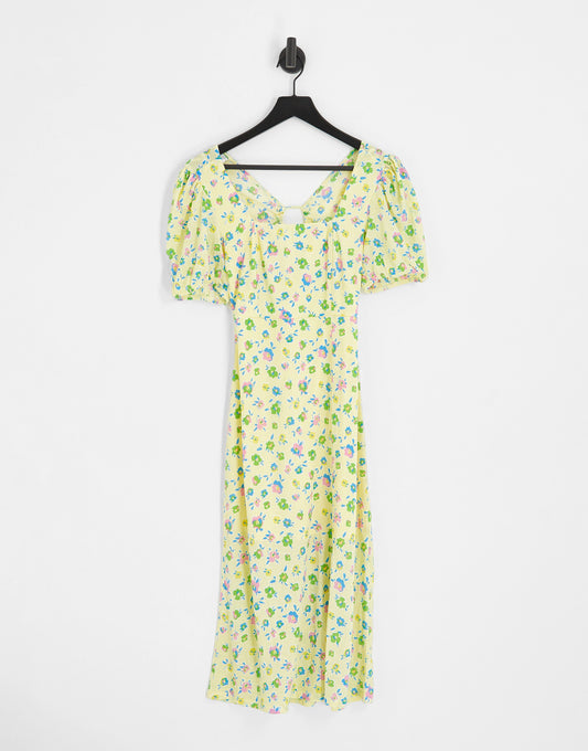 Only open tie back square neck midi dress in yellow floral