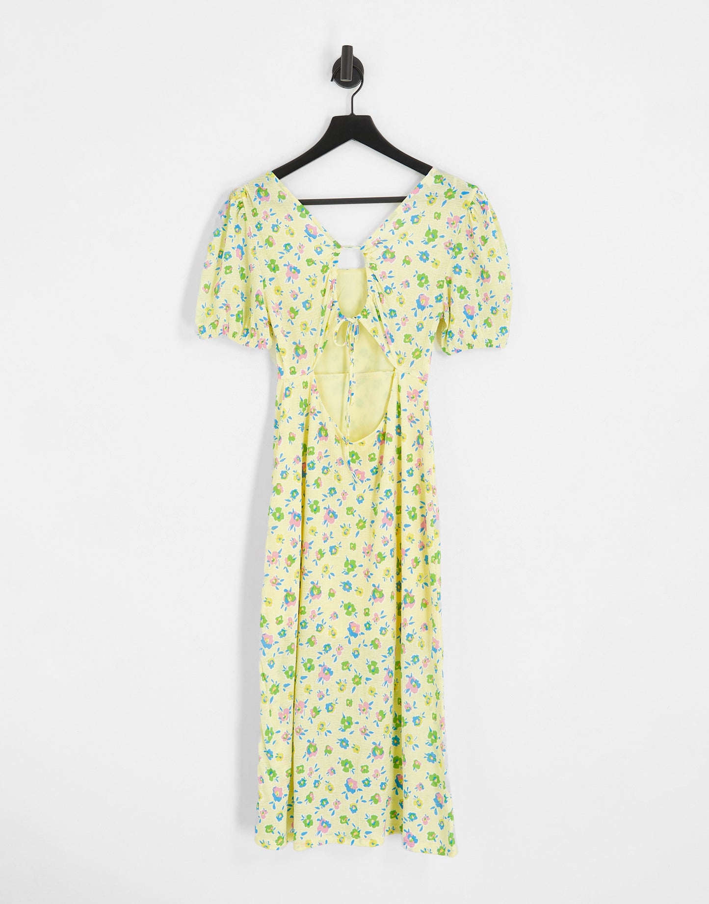 Only open tie back square neck midi dress in yellow floral