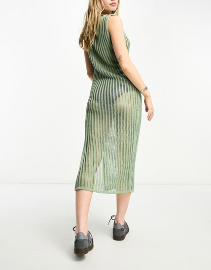 ASOS DESIGN knitted relaxed midi dress in sheer rib in khaki