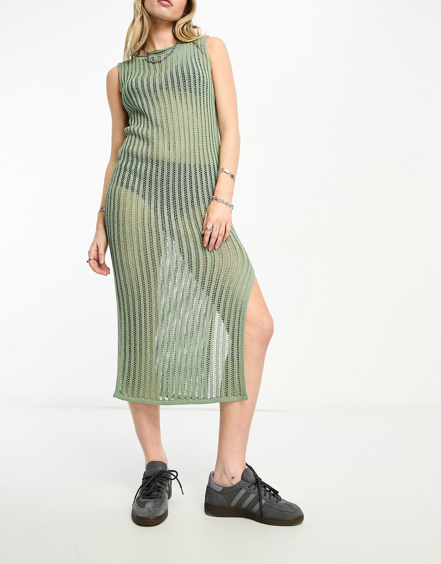 ASOS DESIGN knitted relaxed midi dress in sheer rib in khaki