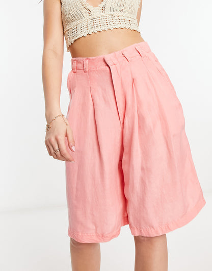 Free People linen high waist longline shorts in coral