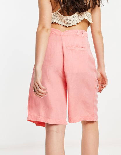 Free People linen high waist longline shorts in coral