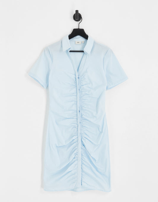 JDY Tall exclusive ruched detail mini shirt dress in pale blue