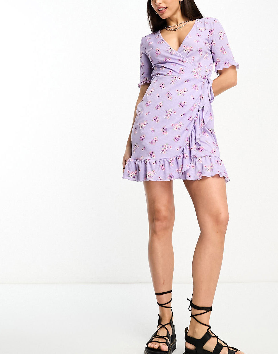 JDY Tall exclusive wrap mini tea dress in lilac vintage floral