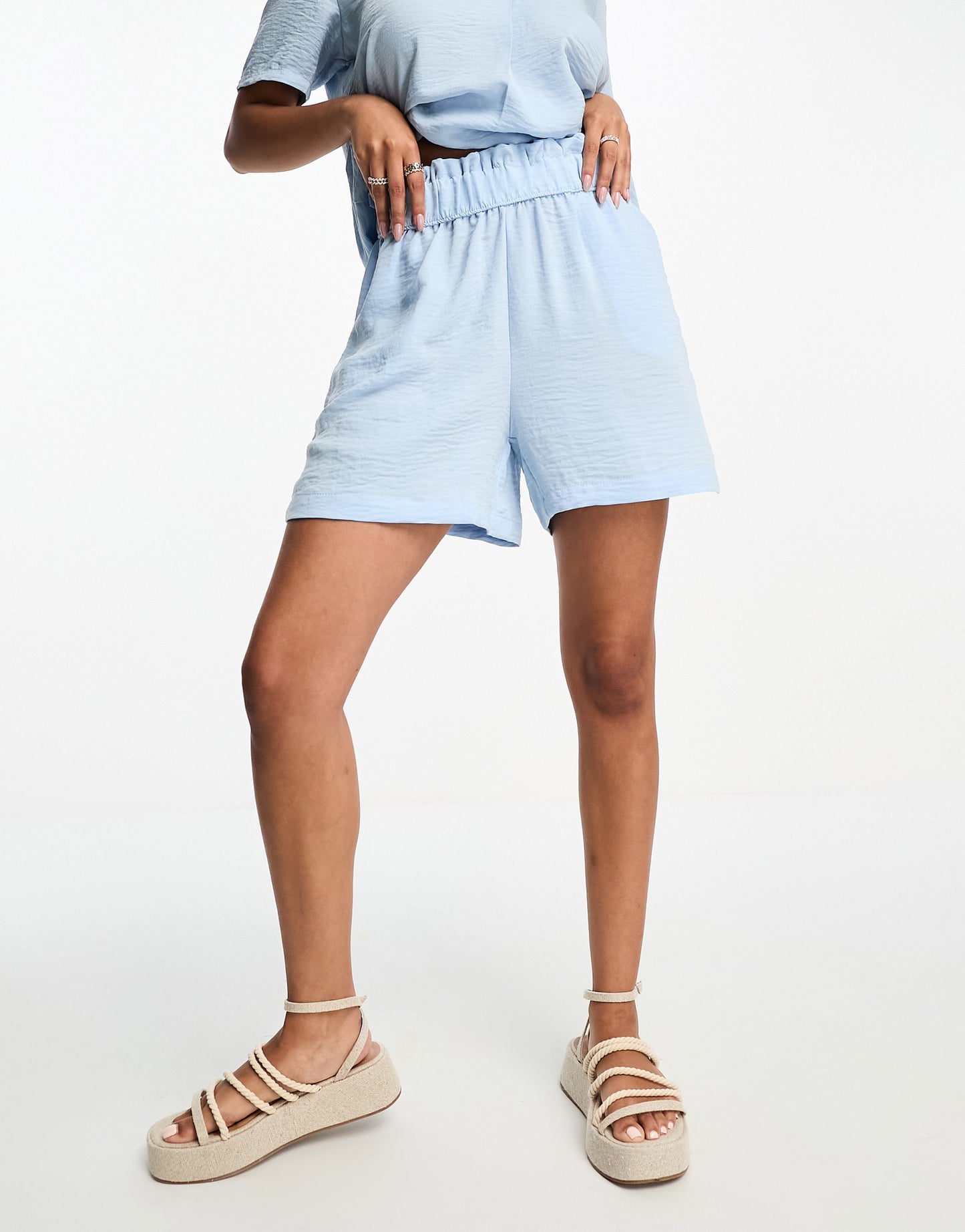 JDY high waisted paperbag shorts co-ord in pale blue