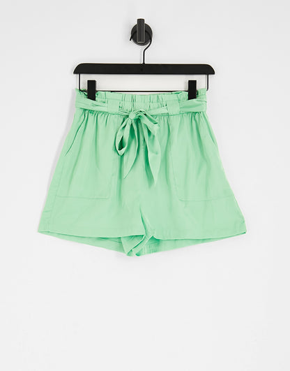 JDY elasticated belted satin shorts co-ord in green