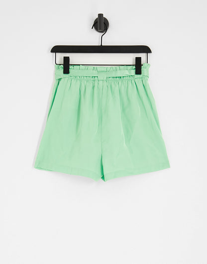 JDY elasticated belted satin shorts co-ord in green