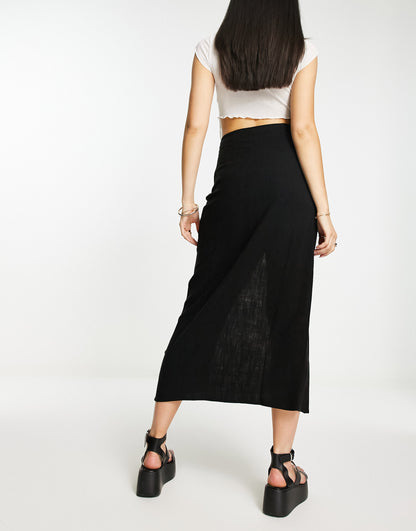 Stradivarius rustic twist midi skirt in black