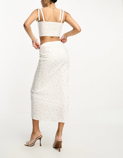 NA-KD co-ord gathered split detail midi skirt in pink tulip print