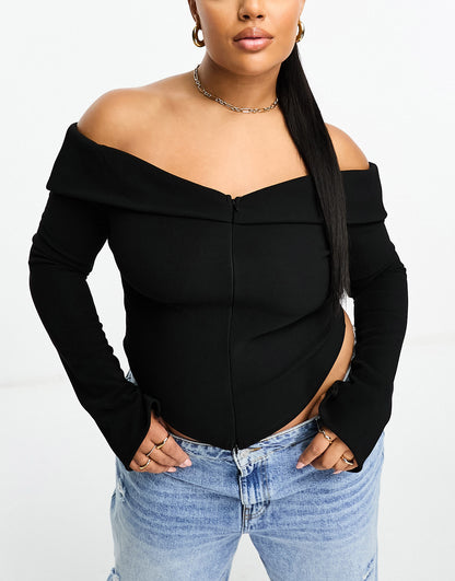 ASOS DESIGN Curve off shoulder top with double ended zip in black