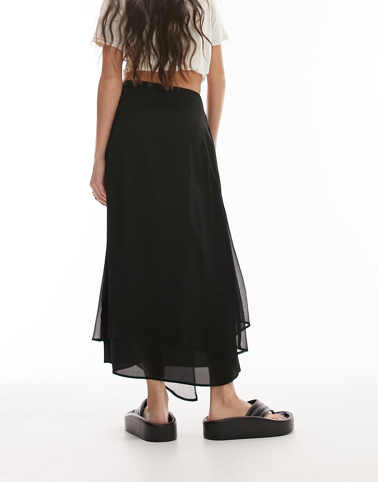 Topshop crinkle yoryu asymetric soft midi skirt in black