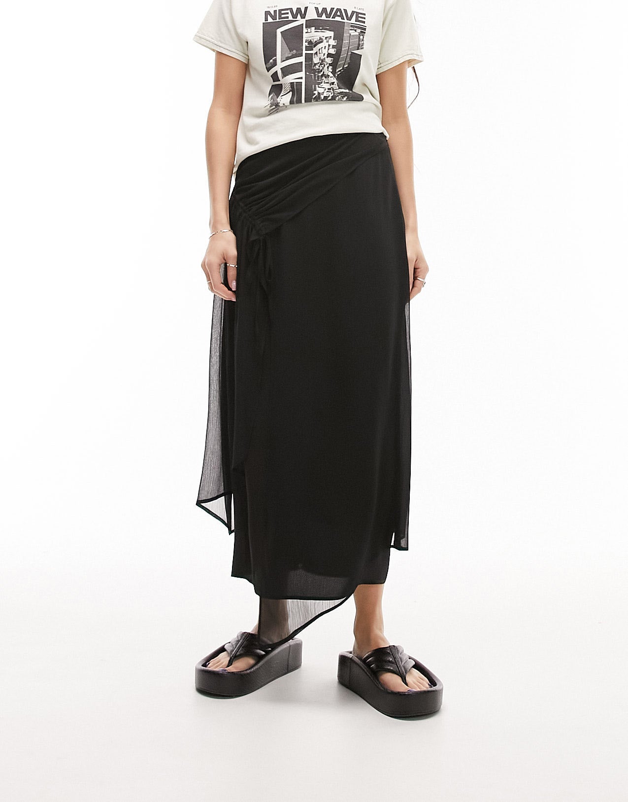 Topshop crinkle yoryu asymetric soft midi skirt in black