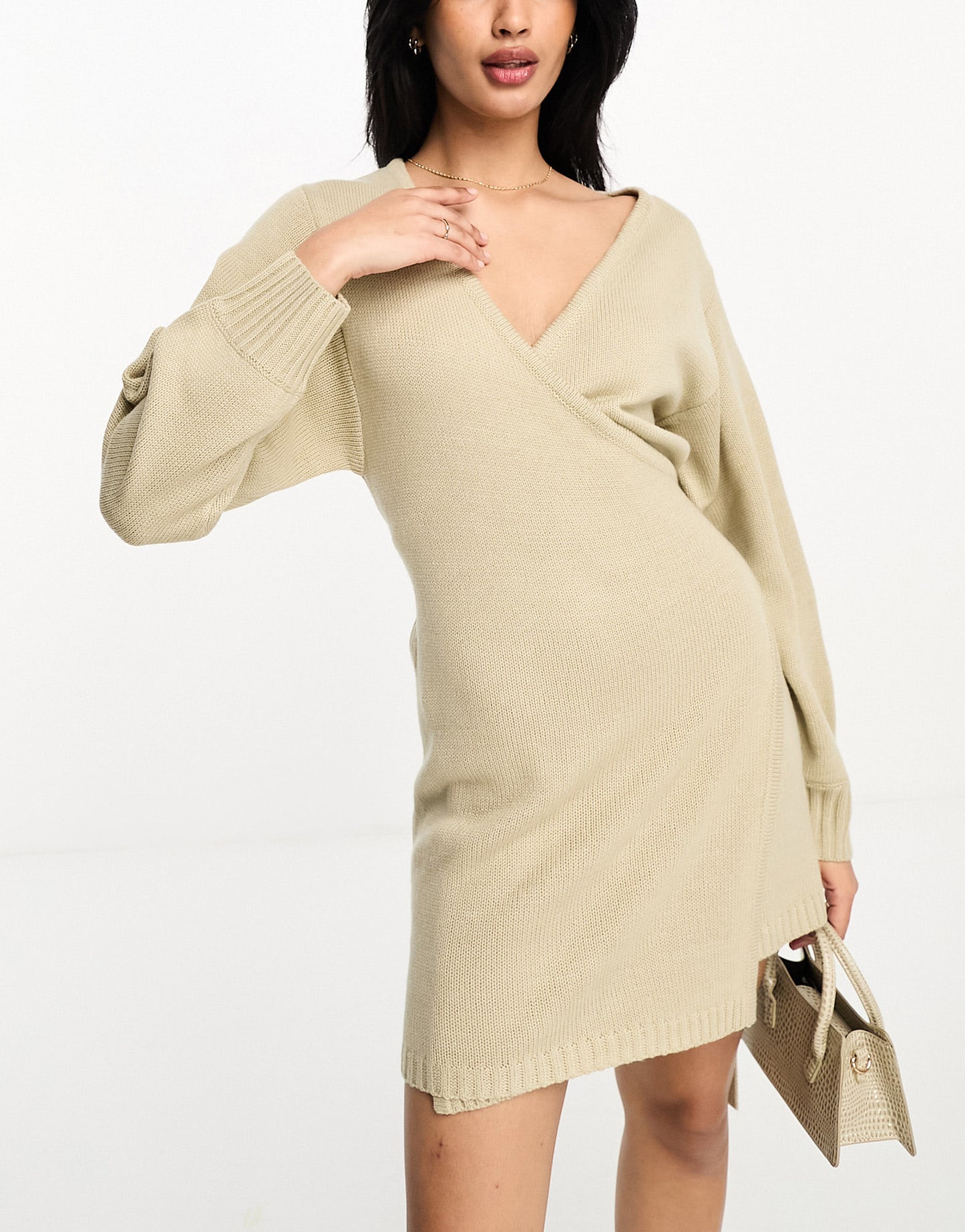 Pretty Lavish Beau wrap knit mini dress with tie waist in beige