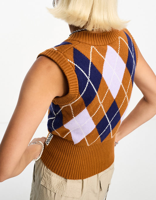 HUGO Sleppy printed knited v neck vest in burnt orange