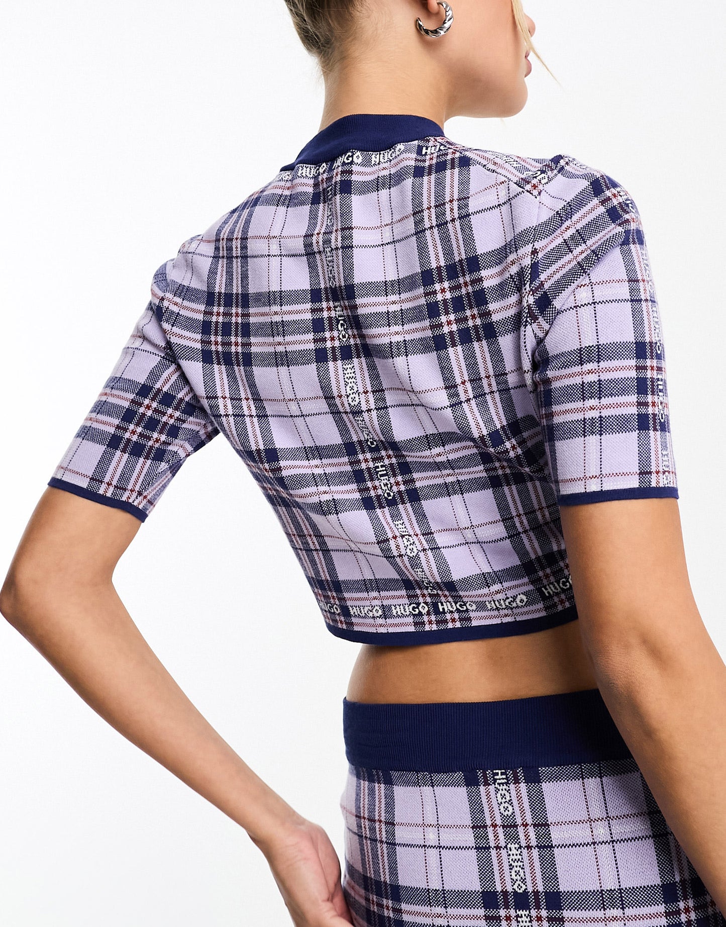 HUGO Sloquita tartan knitted crop top in purple