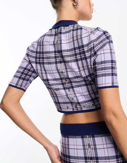 HUGO Sloquita tartan knitted crop top in purple