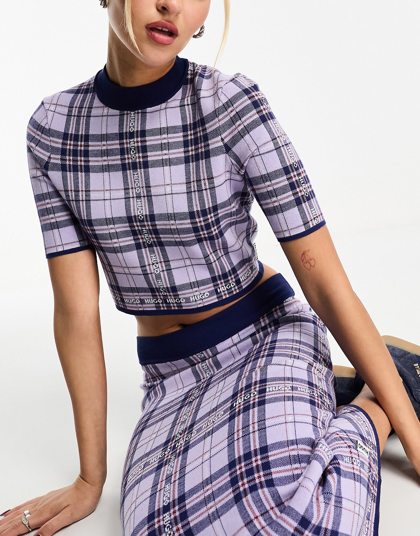 HUGO Sloquita tartan knitted crop top in purple