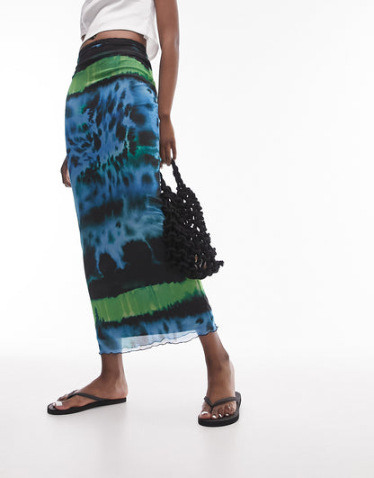 Topshop Tall mesh animal with contrast lime trim midi skirt in multi