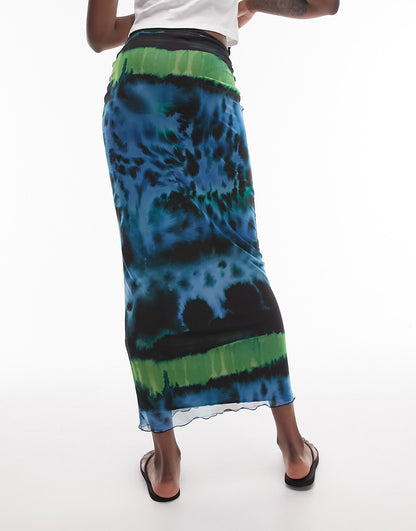 Topshop Tall mesh animal with contrast lime trim midi skirt in multi