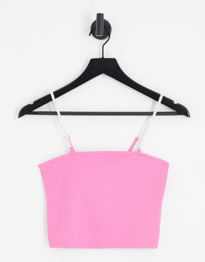 Only crop top with pearl straps in bright pink