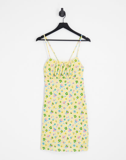 Only exclusive ruched detail mini dress in yellow floral