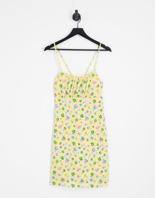 Only exclusive ruched detail mini dress in yellow floral