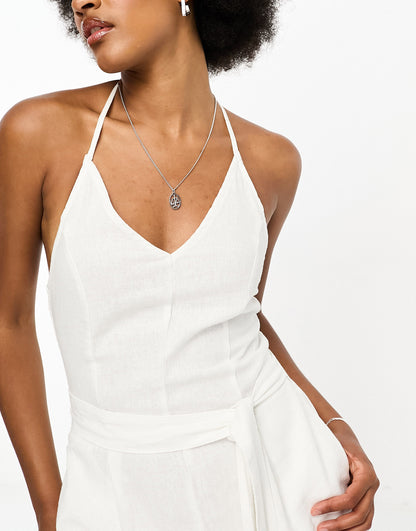 Only Tall linen blend halterneck playsuit with tie waist detail in white