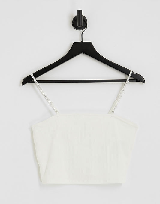 Only Petite crop top with pearl straps in white