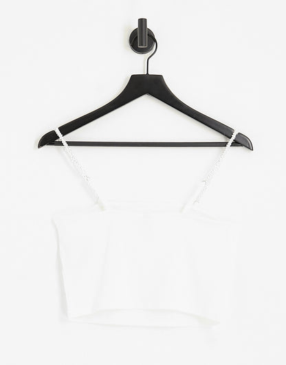 Only Petite crop top with pearl straps in white