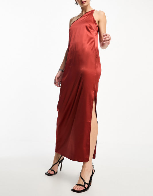 ONLY satin one shoulder maxi dress in rust