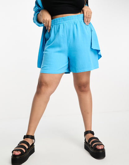 ONLY Curve linen blend boxer shorts co-ord in bright blue