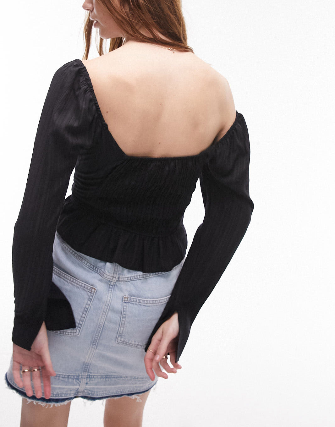 Topshop sweetheart neck textured long sleeve top in black