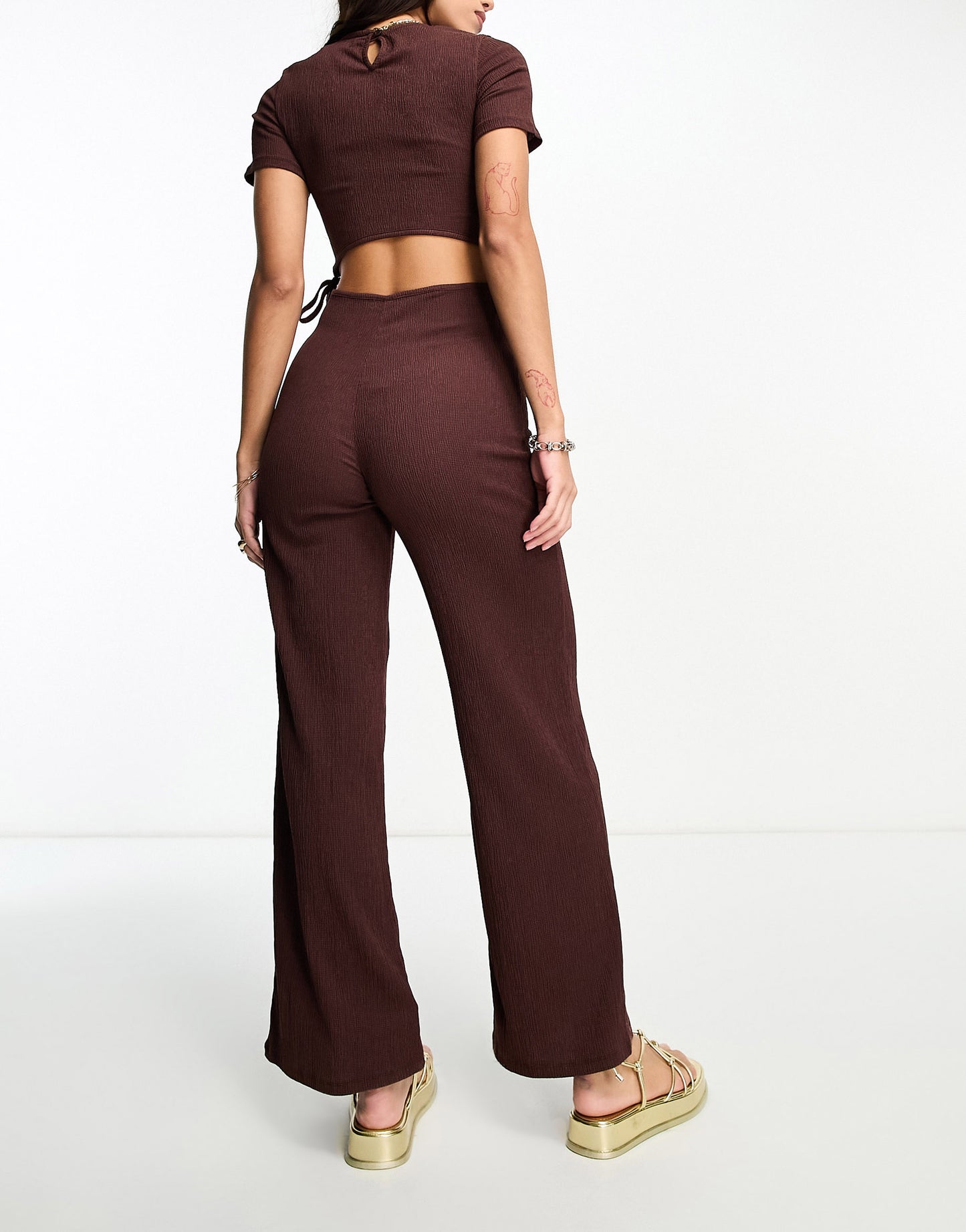 ASOS DESIGN crinkle 2 in 1 cut out jumpsuit in brown