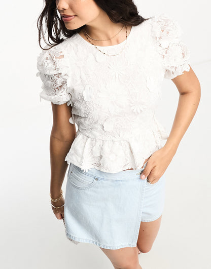 Miss Selfridge 3D floral puff sleeve top in ivory