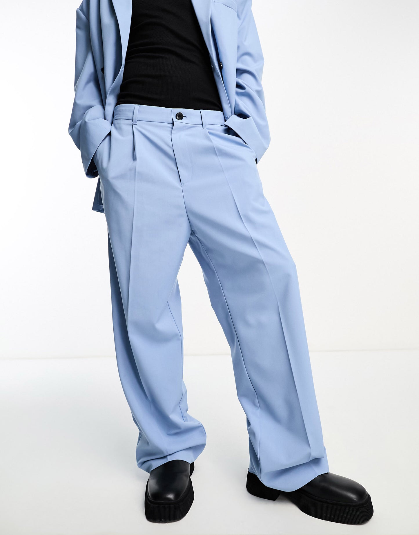 Weekday Uno co-ord loose fit suit trousers in powder blue exclusive to ASOS