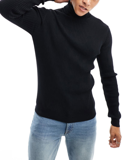 Brave Soul cotton ribbed roll neck jumper in black