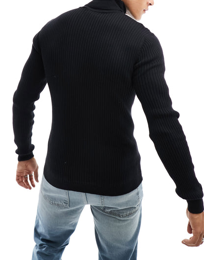 Brave Soul cotton ribbed roll neck jumper in black