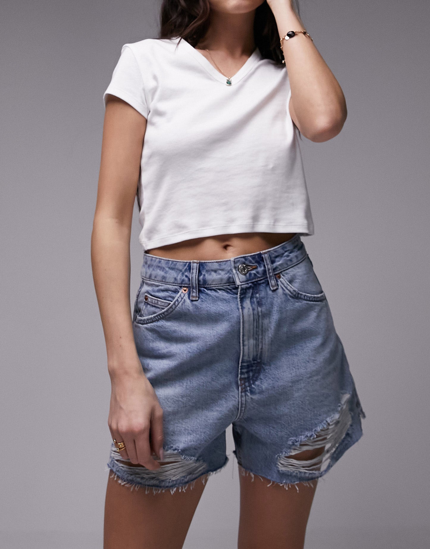 Topshop denim a line mom short with rip in dirty blue