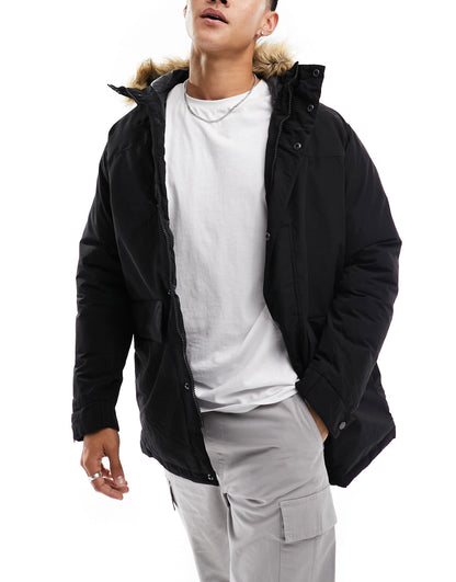 Jack & Jones parka with faux fur hood in black