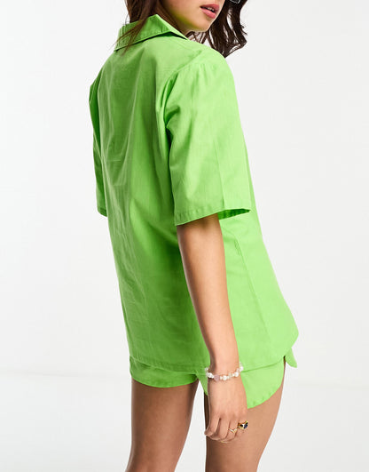 Esmee Exclusive beach linen short sleeve shirt co-ord in green