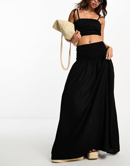 Esmee Exclusive beach maxi skirt co-ord with shirred waist in black