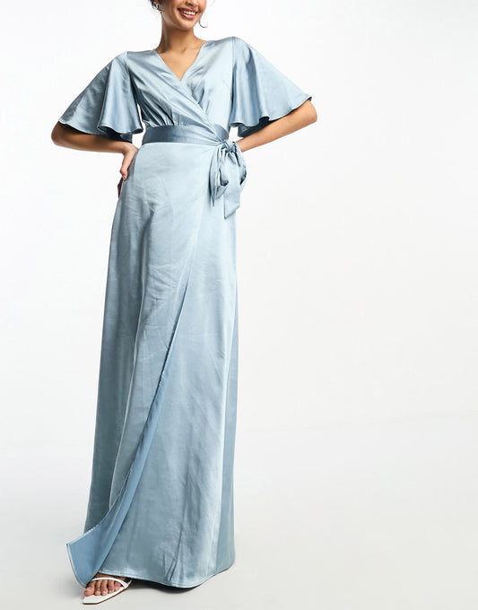 Six Stories Bridesmaids angel sleeve wrap satin maxi dress in dusty blue