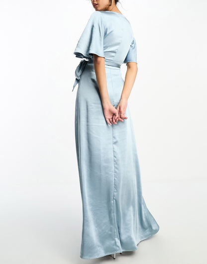 Six Stories Bridesmaids angel sleeve wrap satin maxi dress in dusty blue