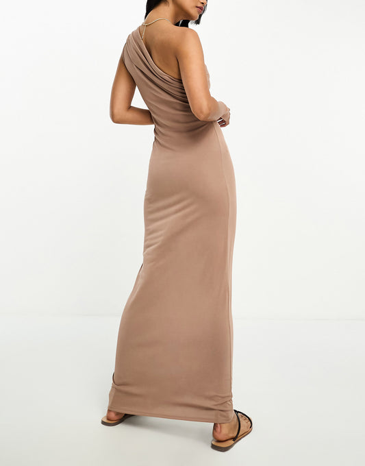 ASOS DESIGN draped one shoulder modal maxi dress in brown