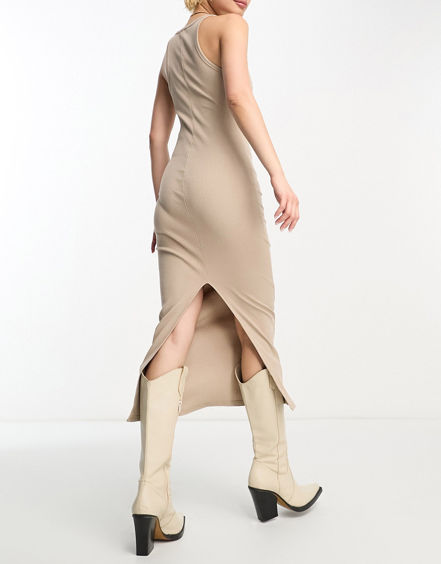 Bershka ribbed racer neck bodycon midi dress in sand