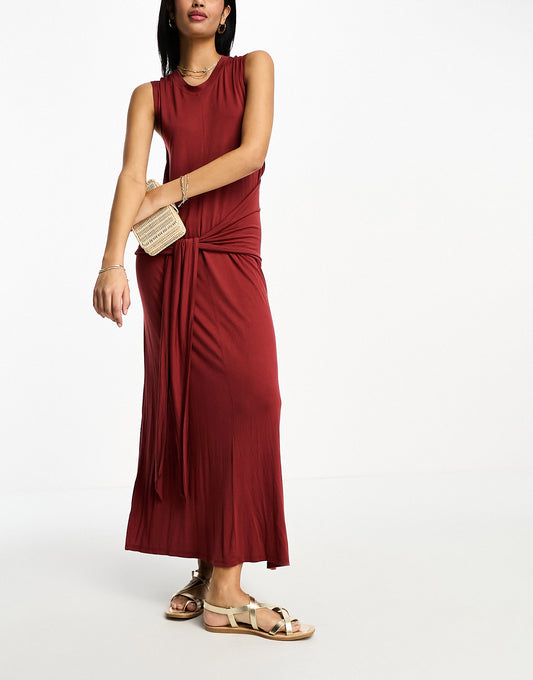 ASOS DESIGN crew neck sleeveless midi dress with sarong tie skirt in terracotta